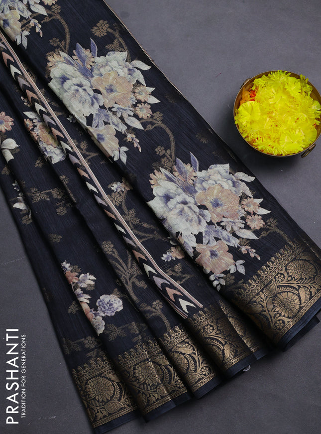 Semi dola saree elephant grey with floral prints & zari weaves and zari woven border