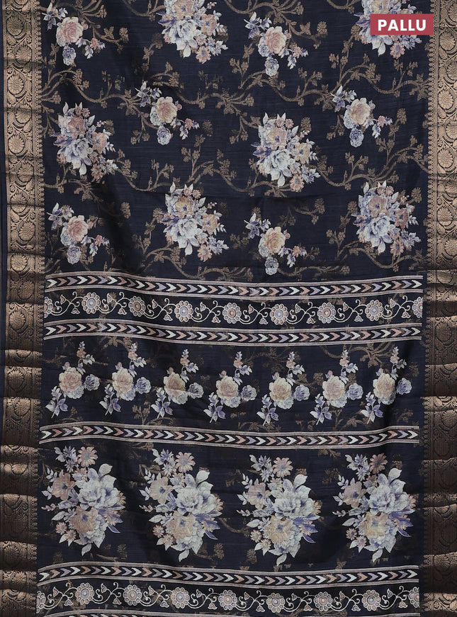 Semi dola saree elephant grey with floral prints & zari weaves and zari woven border