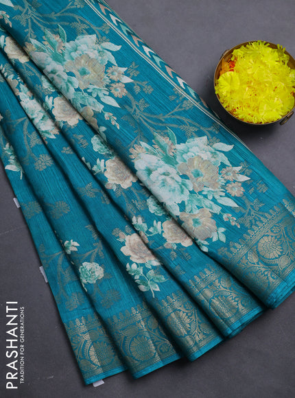 Semi dola saree teal blue with floral prints & zari weaves and zari woven border