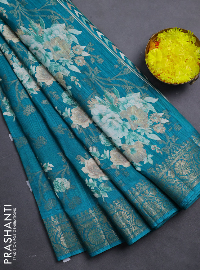 Semi dola saree teal blue with floral prints & zari weaves and zari woven border