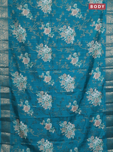 Semi dola saree teal blue with floral prints & zari weaves and zari woven border