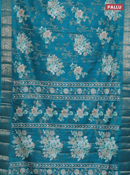 Semi dola saree teal blue with floral prints & zari weaves and zari woven border