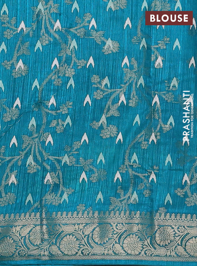 Semi dola saree teal blue with floral prints & zari weaves and zari woven border