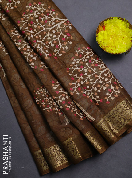 Semi dola saree brown with butta prints & zari weaves and zari woven border