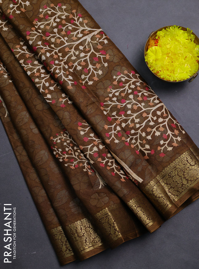 Semi dola saree brown with butta prints & zari weaves and zari woven border