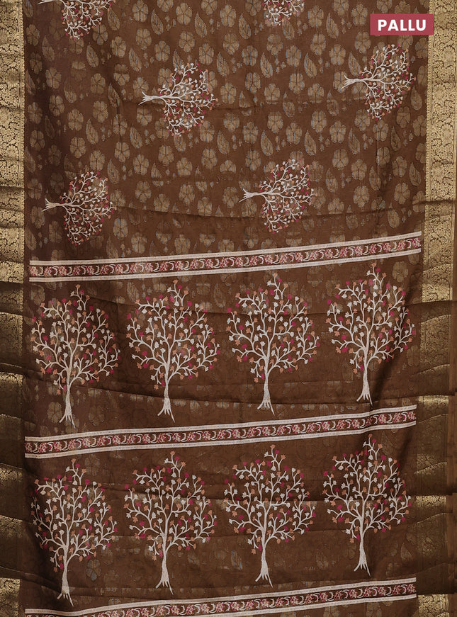 Semi dola saree brown with butta prints & zari weaves and zari woven border
