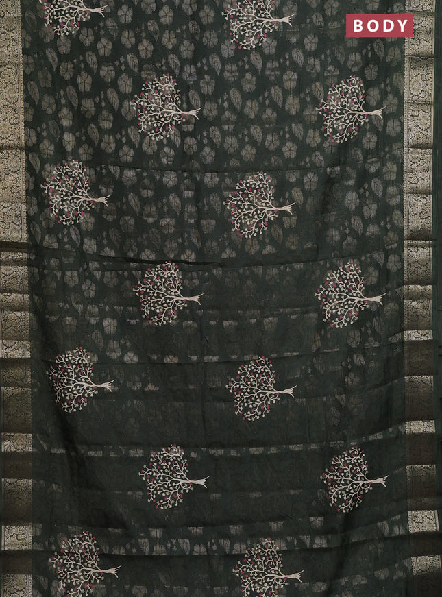 Semi dola saree dark sap green with butta prints & zari weaves and zari woven border