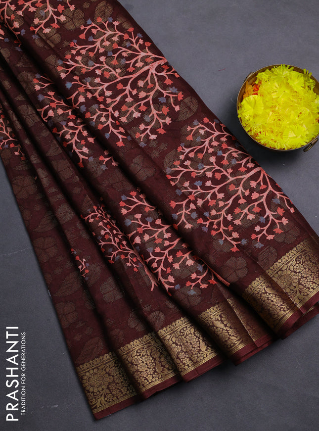 Semi dola saree deep maroon with butta prints & zari weaves and zari woven border