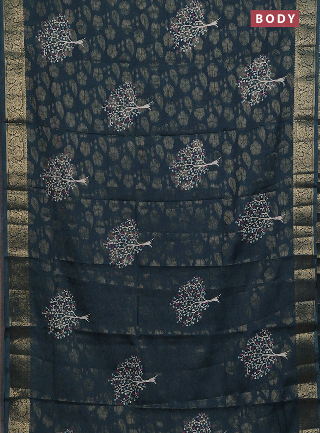 Semi dola saree peacock green with butta prints & zari weaves and zari woven border