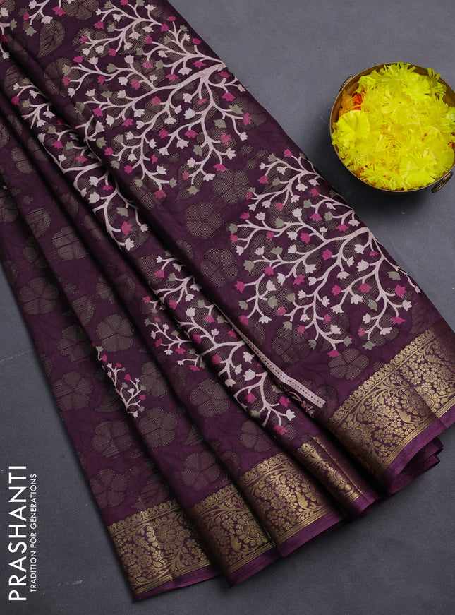 Semi dola saree wine shade with butta prints & zari weaves and zari woven border