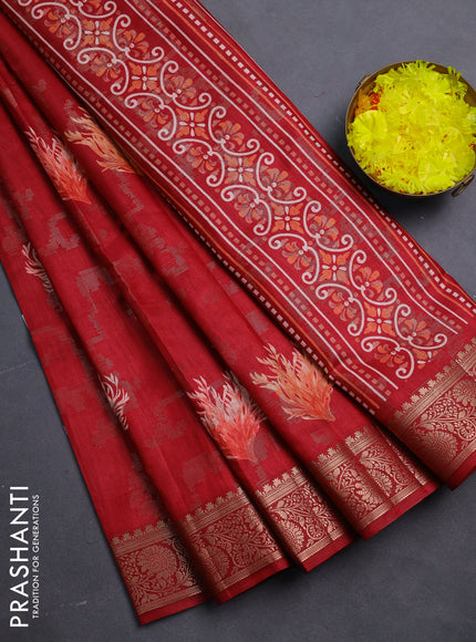 Semi dola saree maroon with floral prints & zari weaves and zari woven border