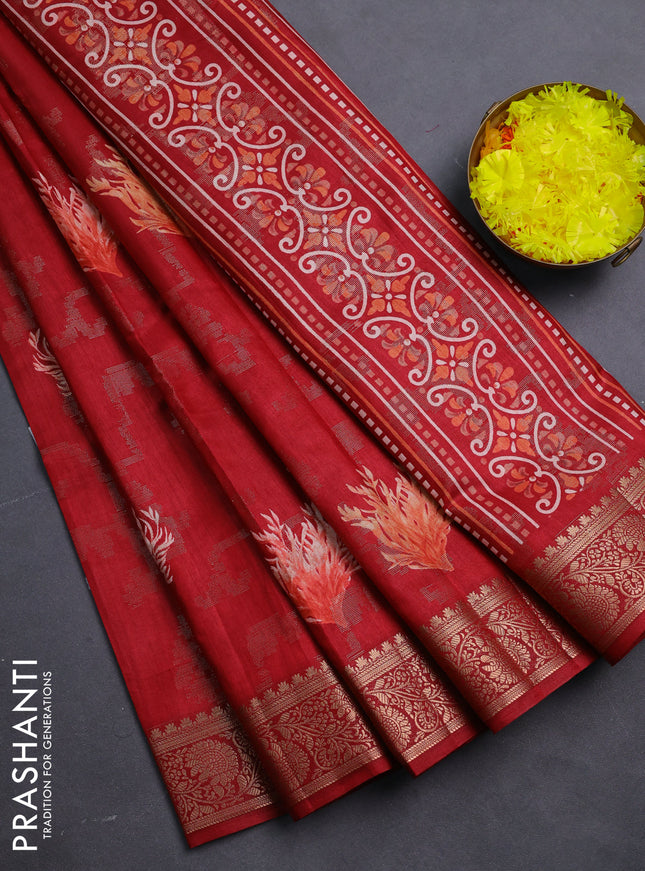 Semi dola saree maroon with floral prints & zari weaves and zari woven border