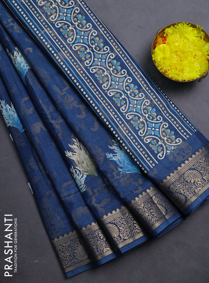 Semi dola saree peacock blue with floral prints & zari weaves and zari woven border