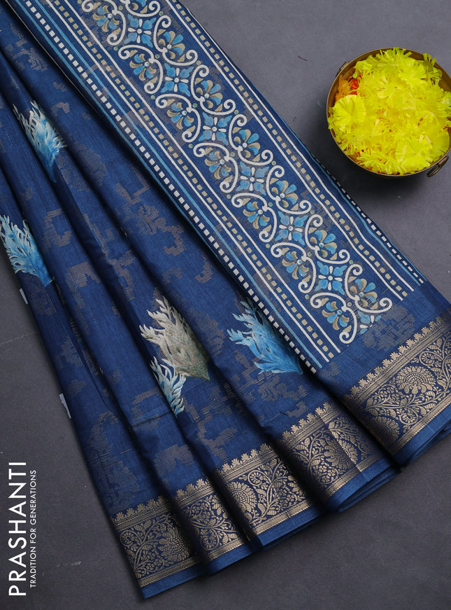 Semi dola saree peacock blue with floral prints & zari weaves and zari woven border