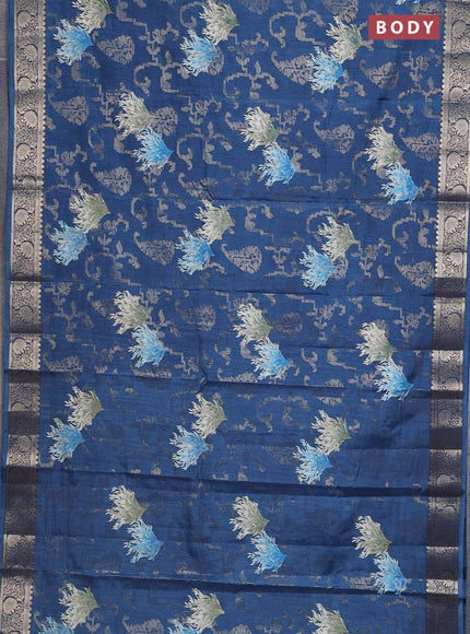 Semi dola saree peacock blue with floral prints & zari weaves and zari woven border