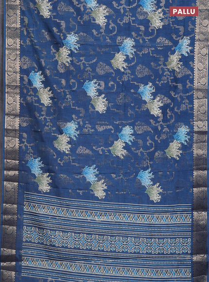 Semi dola saree peacock blue with floral prints & zari weaves and zari woven border