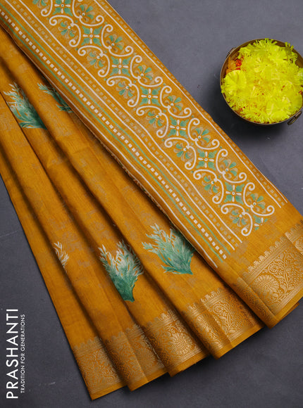 Semi dola saree mustard yellow with floral prints & zari weaves and zari woven border
