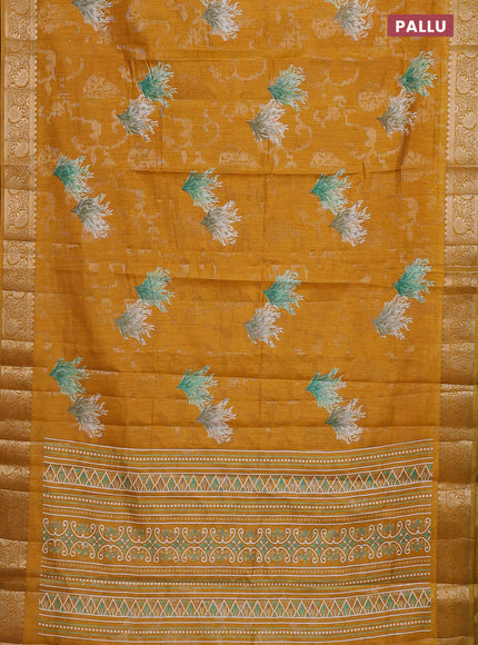Semi dola saree mustard yellow with floral prints & zari weaves and zari woven border