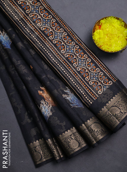 Semi dola saree black with floral prints & zari weaves and zari woven border