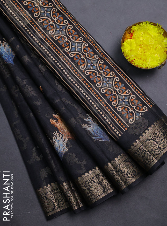 Semi dola saree black with floral prints & zari weaves and zari woven border