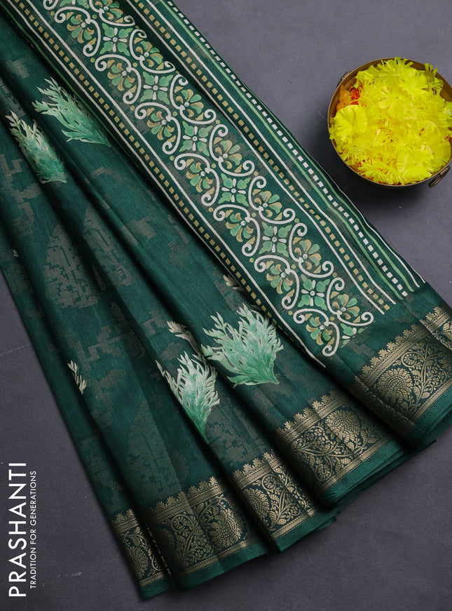 Semi dola saree green with floral prints & zari weaves and zari woven border