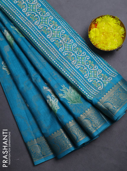 Semi dola saree cs blue with floral prints & zari weaves and zari woven border