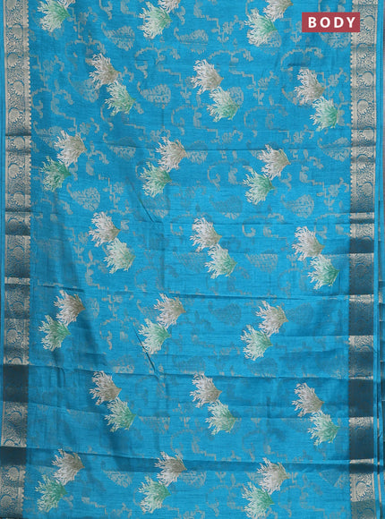 Semi dola saree cs blue with floral prints & zari weaves and zari woven border