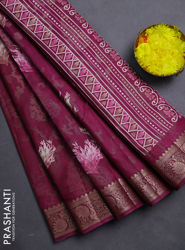 Semi dola saree wine shade with floral prints & zari weaves and zari woven border