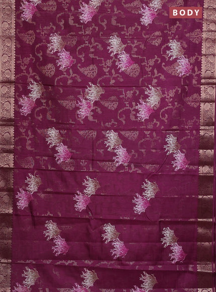 Semi dola saree wine shade with floral prints & zari weaves and zari woven border