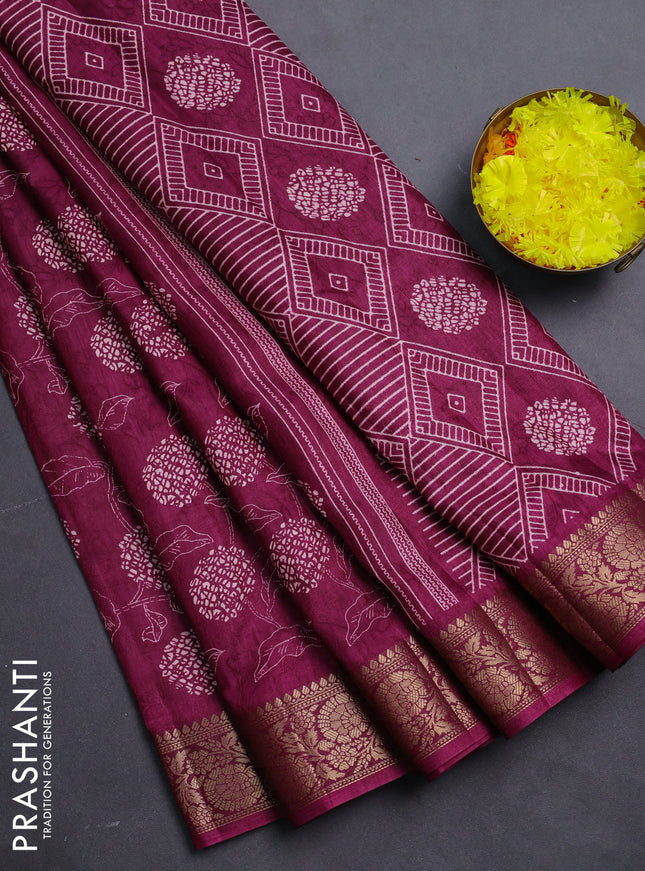 Semi dola saree wine shade with floral prints & self emboss and zari woven border