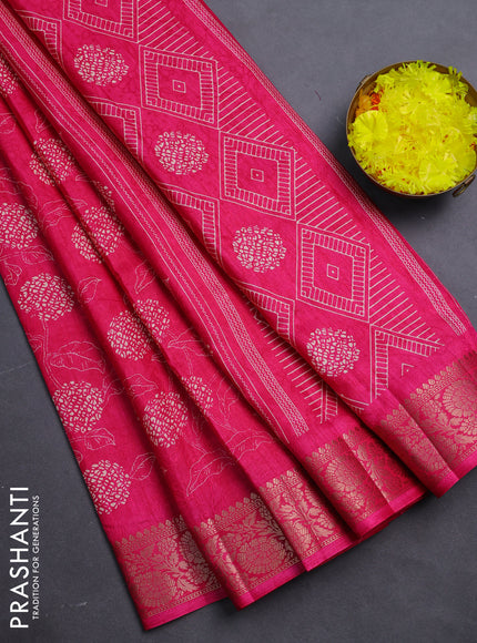 Semi dola saree pink with floral prints & self emboss and zari woven border