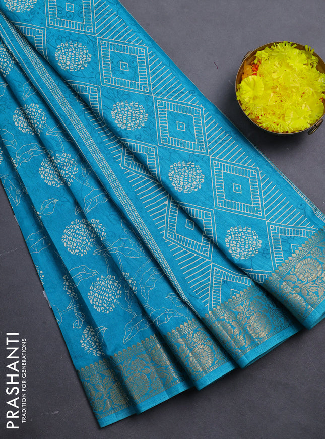 Semi dola saree cs blue with floral prints & self emboss and zari woven border