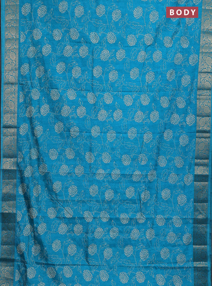 Semi dola saree cs blue with floral prints & self emboss and zari woven border