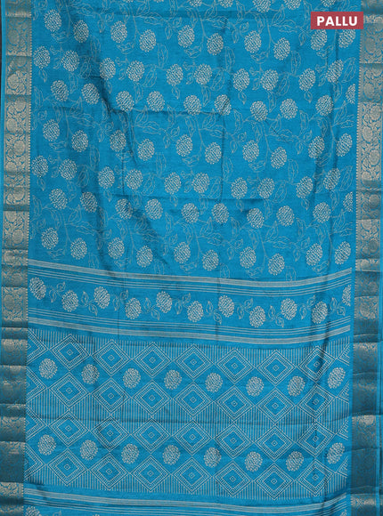 Semi dola saree cs blue with floral prints & self emboss and zari woven border