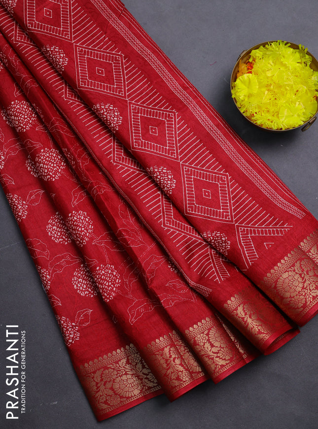 Semi dola saree maroon with floral prints & self emboss and zari woven border
