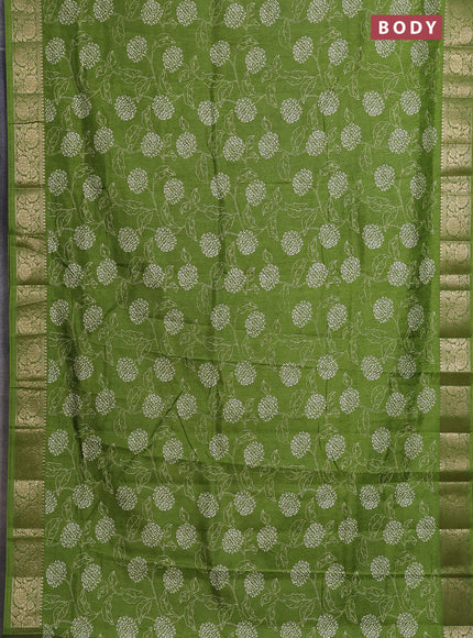 Semi dola saree mehendi green with floral prints & self emboss and zari woven border