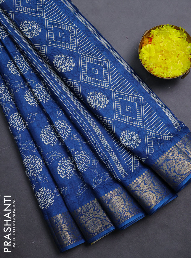 Semi dola saree cs blue with floral prints & self emboss and zari woven border