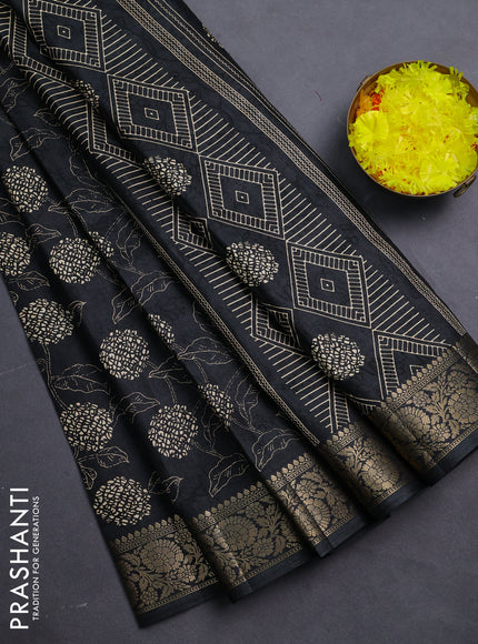 Semi dola saree black with floral prints & self emboss and zari woven border
