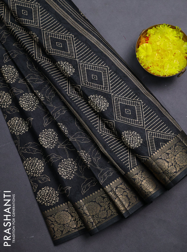 Semi dola saree black with floral prints & self emboss and zari woven border