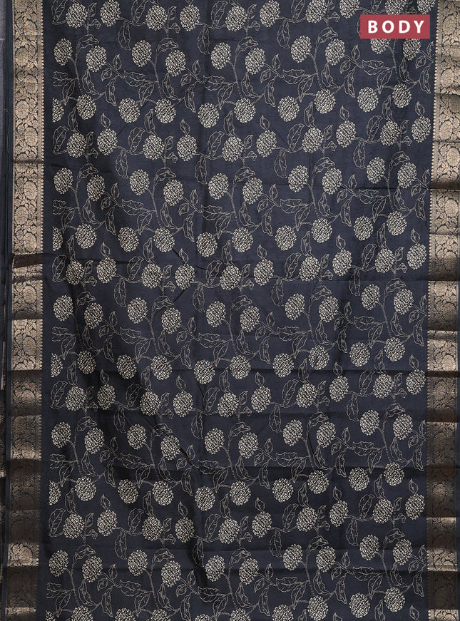 Semi dola saree black with floral prints & self emboss and zari woven border