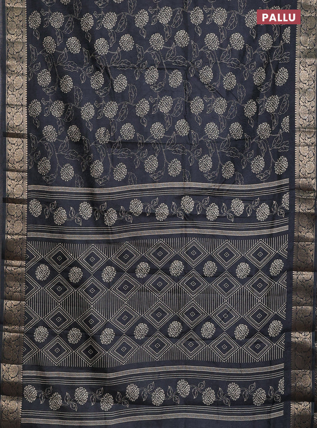 Semi dola saree black with floral prints & self emboss and zari woven border