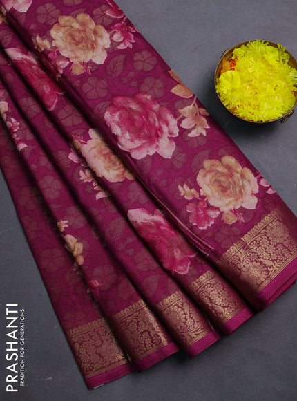 Semi dola saree purple with floral prints & zari weaves and zari woven border