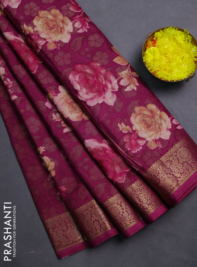 Semi dola saree purple with floral prints & zari weaves and zari woven border