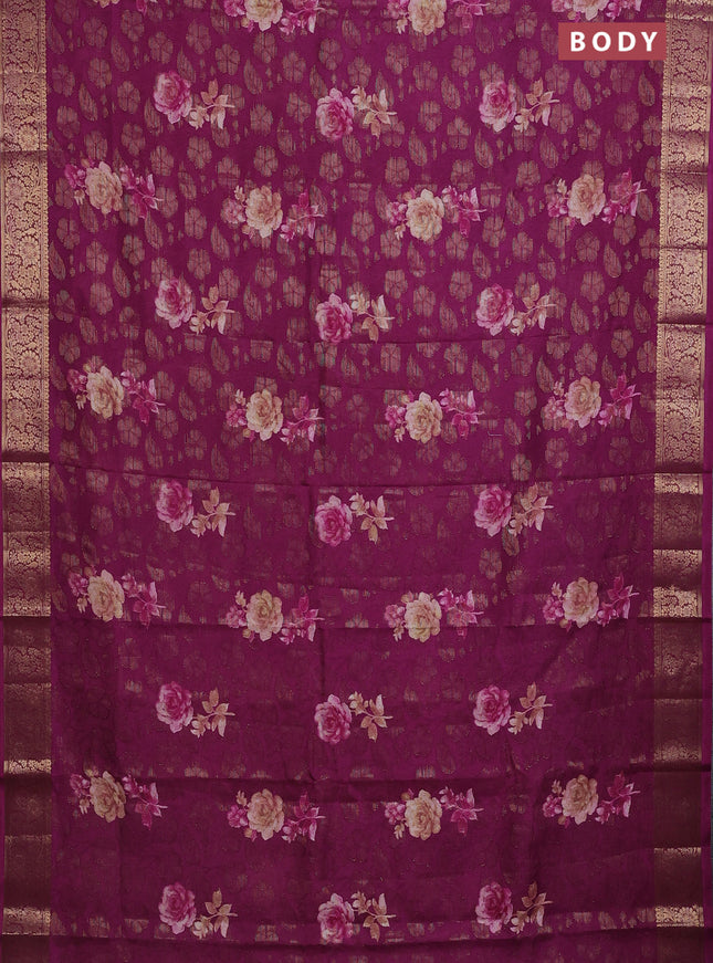 Semi dola saree purple with floral prints & zari weaves and zari woven border