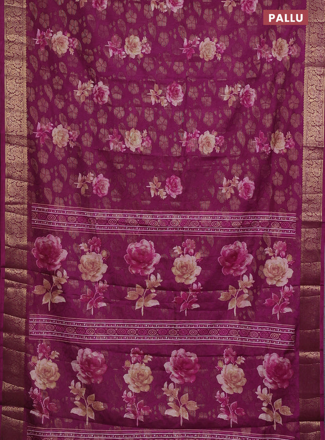 Semi dola saree purple with floral prints & zari weaves and zari woven border