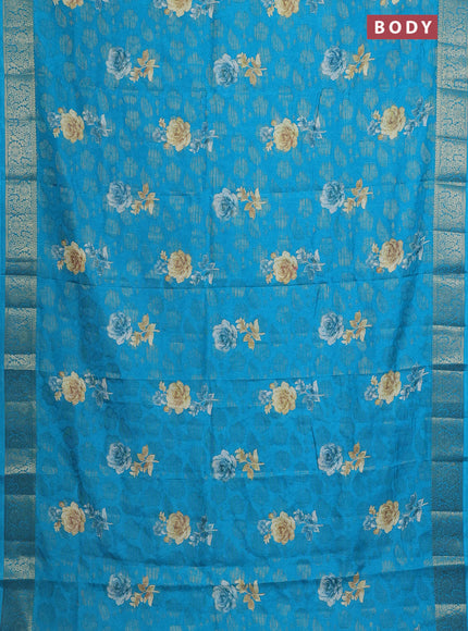 Semi dola saree cs blue with floral prints & zari weaves and zari woven border