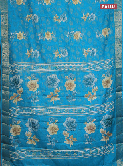Semi dola saree cs blue with floral prints & zari weaves and zari woven border