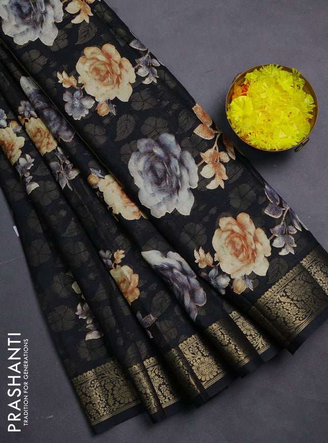 Semi dola saree black with floral prints & zari weaves and zari woven border