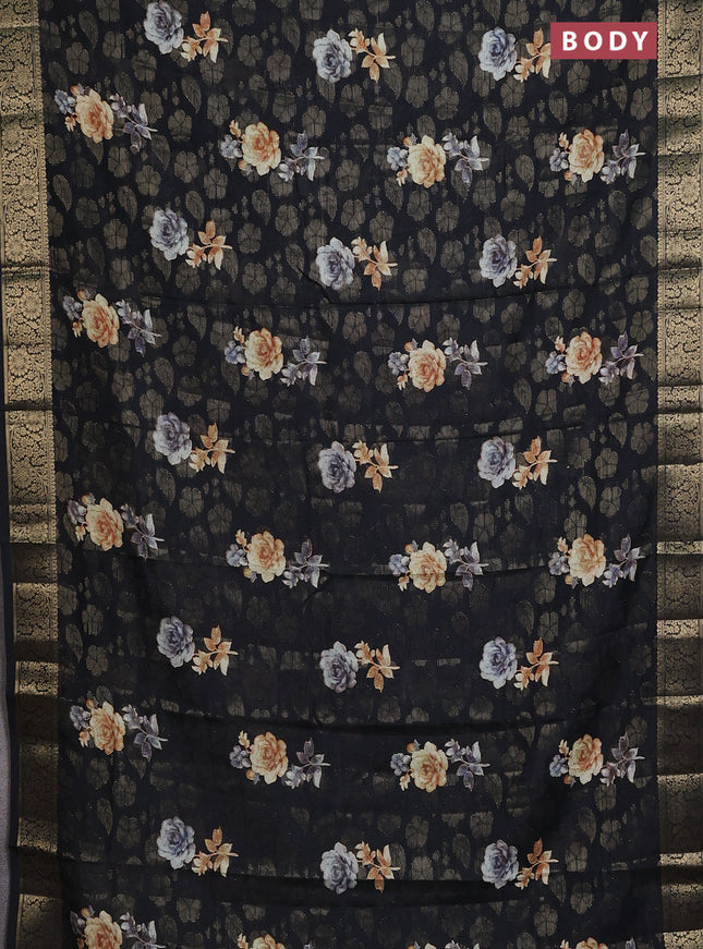 Semi dola saree black with floral prints & zari weaves and zari woven border