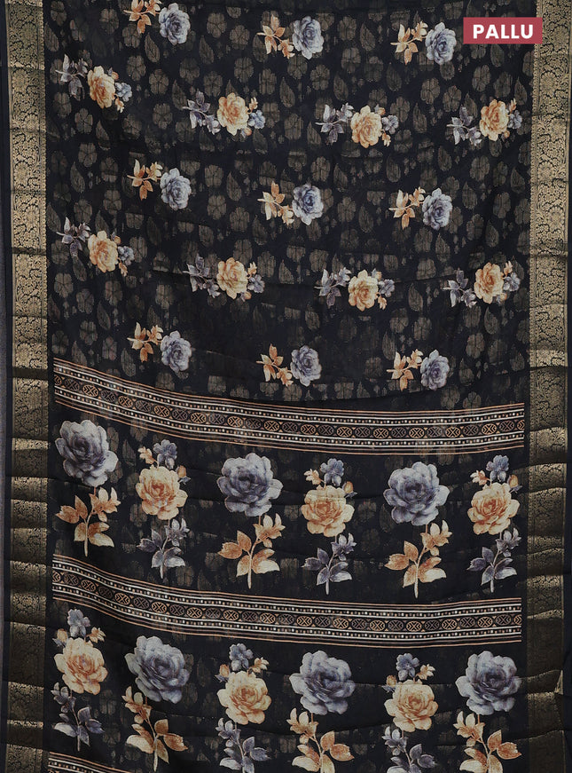Semi dola saree black with floral prints & zari weaves and zari woven border